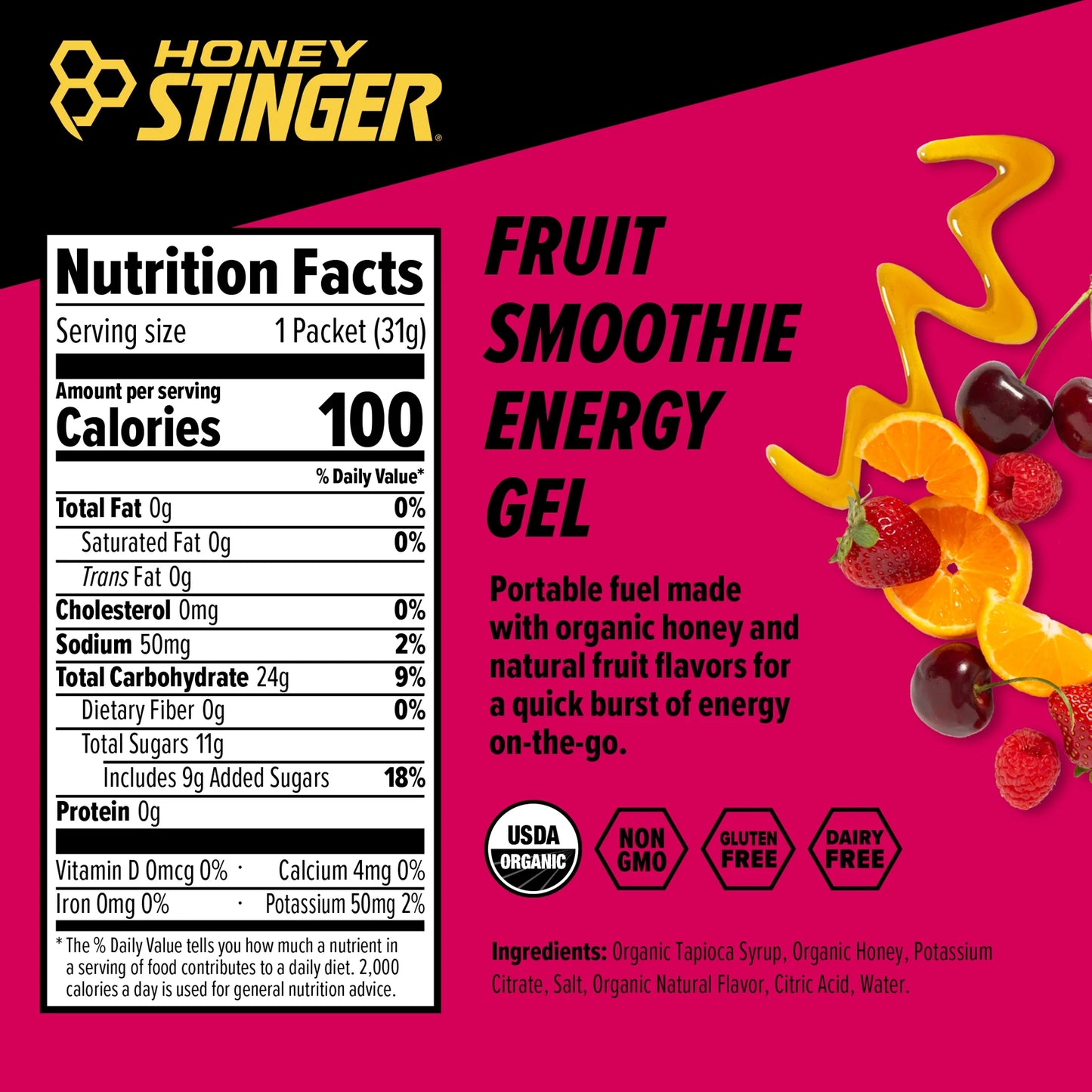 Organic Energy Gel, Fruit Smoothie, 1.1 Oz, 24 Count Box