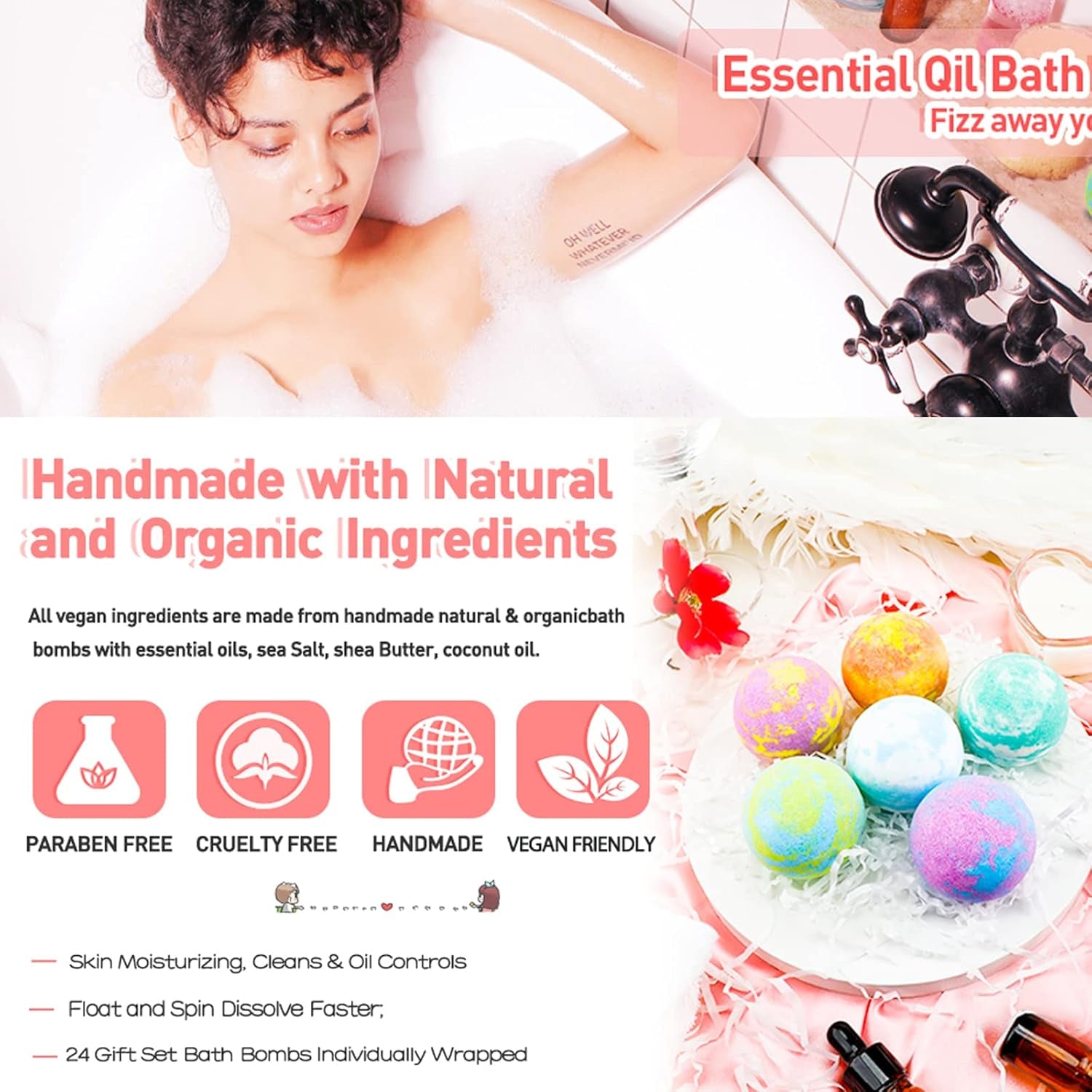Bubble Bath Bombs Gift Set of 24 Unique Romantic Spa Gifts for Her Relaxation Fizzing Balls All Natural Skin Moisturize Organic Shower Bombs for Her Wife Girlfriend