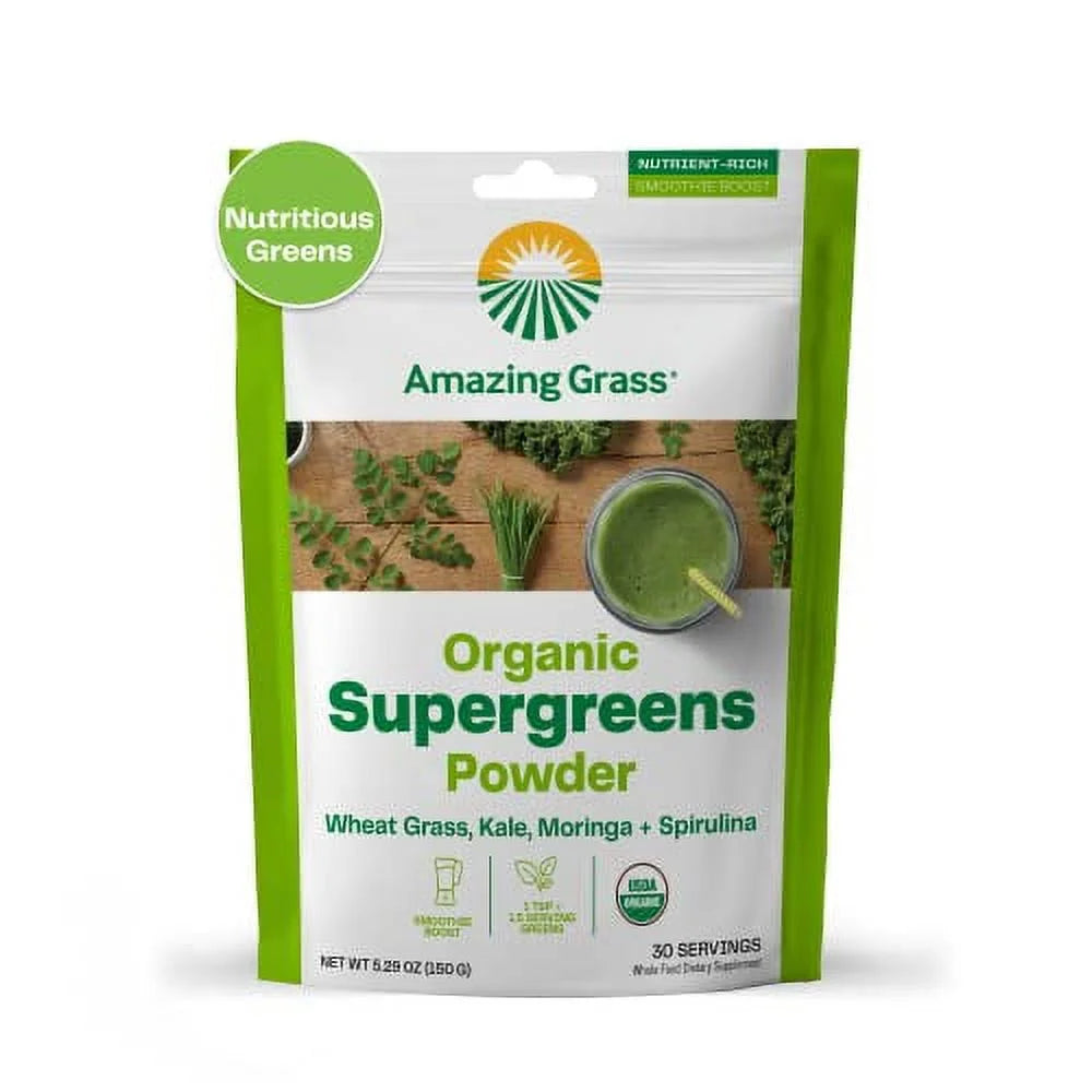Super Greens Booster: Greens Powder Smoothie Mix with Spirulina, Moringa, Wheat Grass & Kale Smoothie Booster, Chlorophyll Providing Greens, 30 Servings