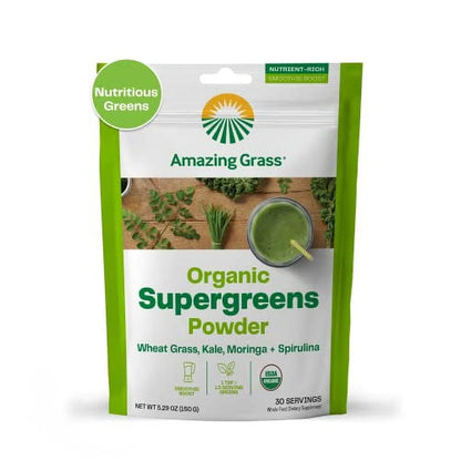 Super Greens Booster: Greens Powder Smoothie Mix with Spirulina, Moringa, Wheat Grass & Kale Smoothie Booster, Chlorophyll Providing Greens, 30 Servings