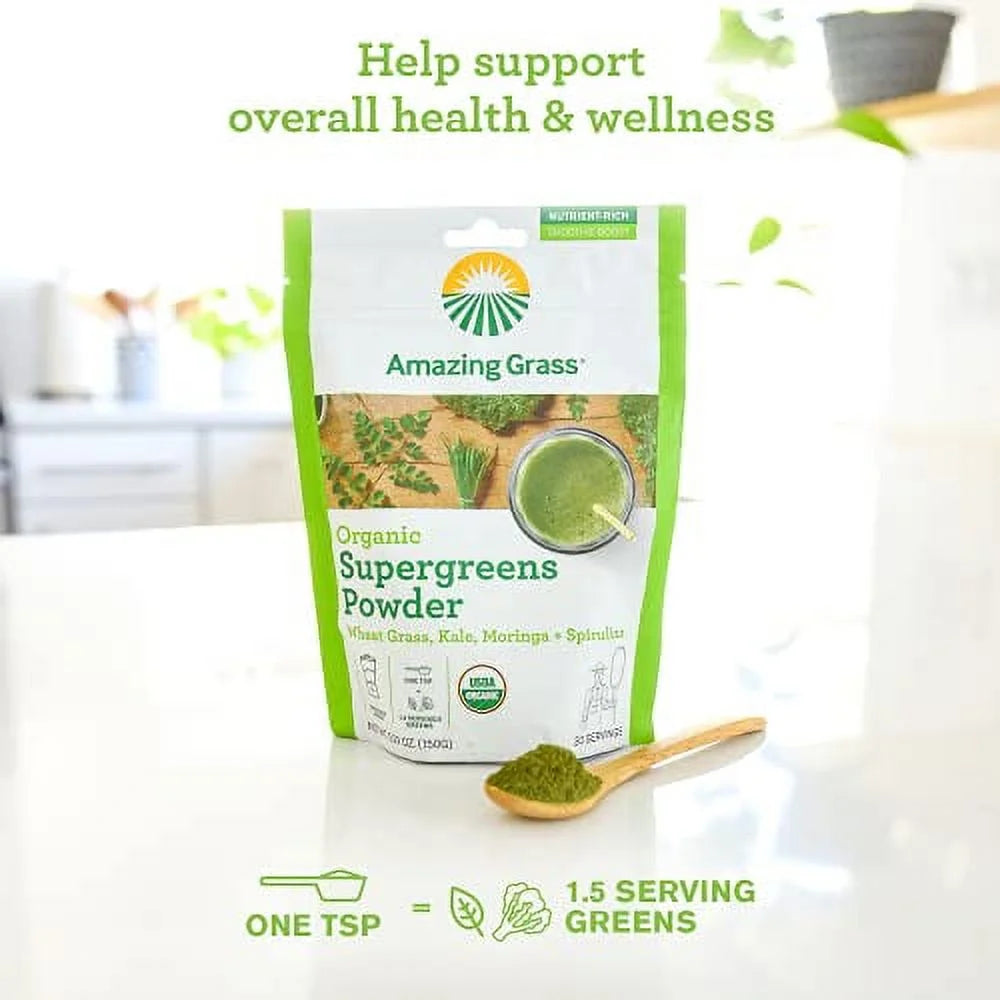Super Greens Booster: Greens Powder Smoothie Mix with Spirulina, Moringa, Wheat Grass & Kale Smoothie Booster, Chlorophyll Providing Greens, 30 Servings