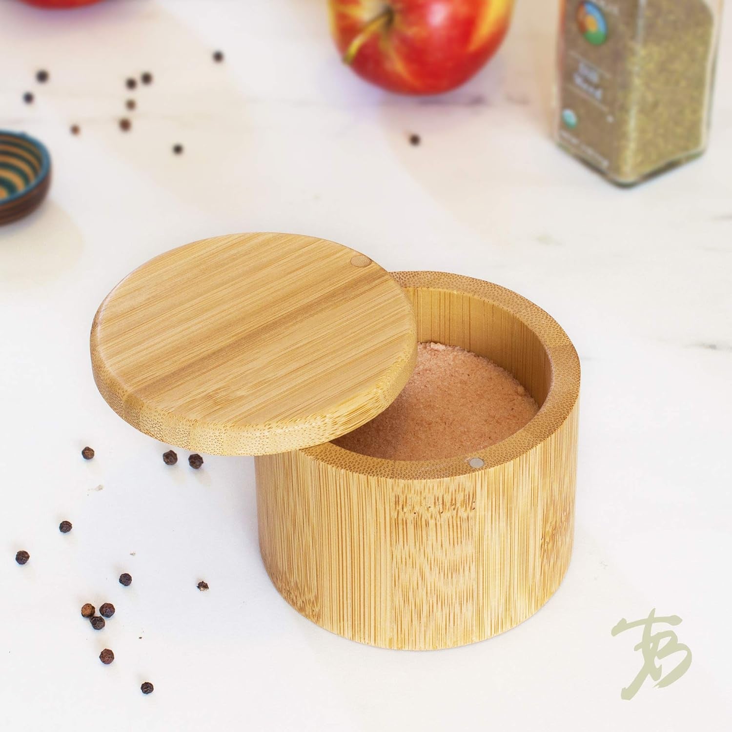 Salt Cellar with Swivel Lid – Bamboo Spice Box Storage Container for Kitchen Countertop with Magnetic Closure – Ideal for Sea Salt, Spices and Herbs