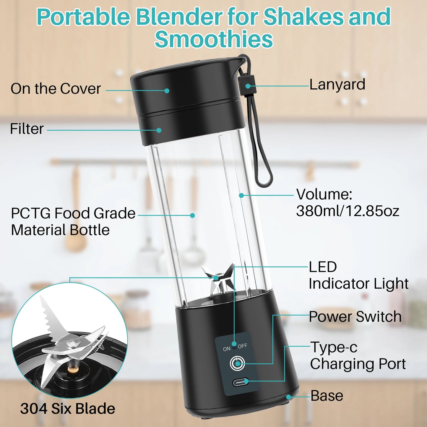 Portable Personal Blender Cup for Smoothies and Shakes, Smoothie Blender Mini Machine, 380Ml