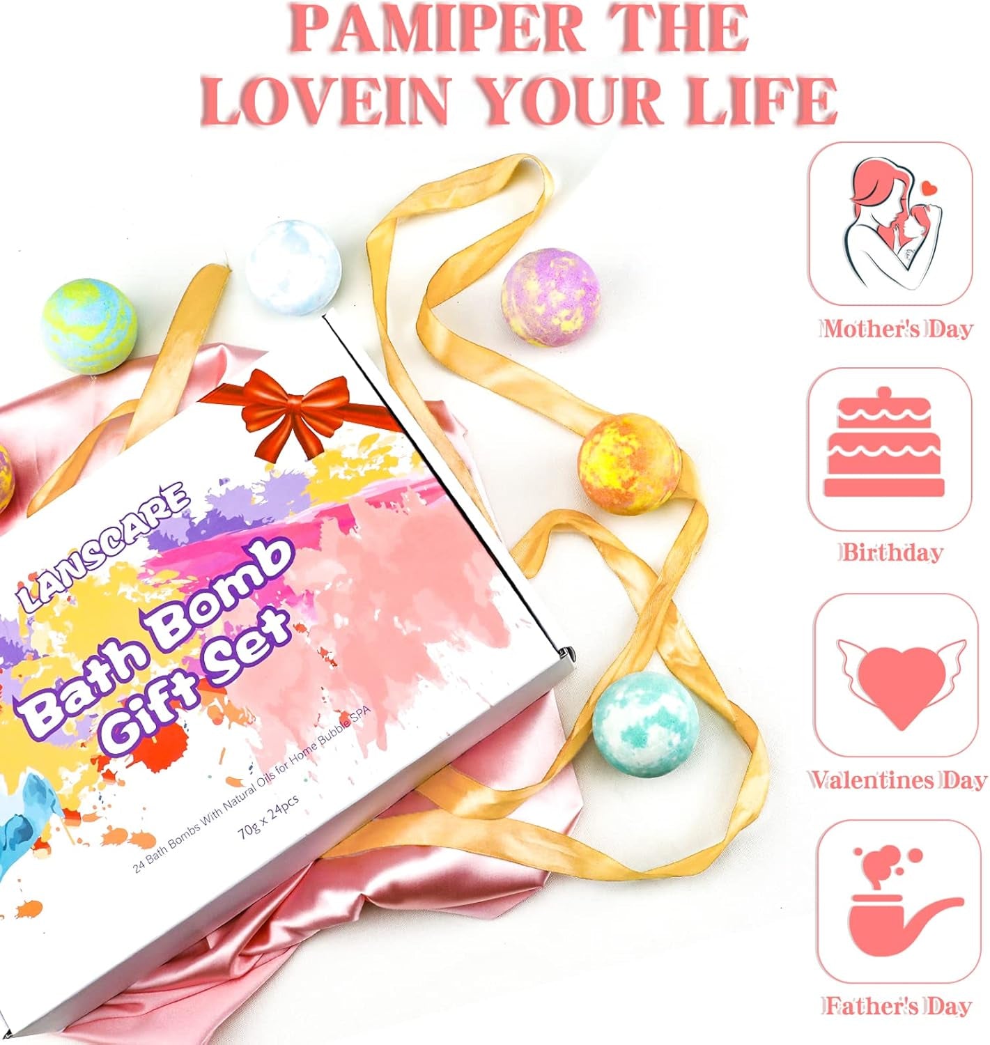 Bubble Bath Bombs Gift Set of 24 Unique Romantic Spa Gifts for Her Relaxation Fizzing Balls All Natural Skin Moisturize Organic Shower Bombs for Her Wife Girlfriend