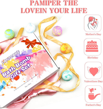 Bubble Bath Bombs Gift Set of 24 Unique Romantic Spa Gifts for Her Relaxation Fizzing Balls All Natural Skin Moisturize Organic Shower Bombs for Her Wife Girlfriend